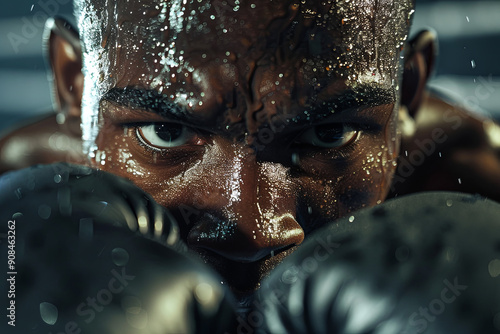 Boxer in the ring, sweat flying, highlighting intense determination photo