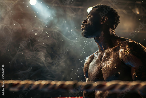 Boxer in the ring, sweat flying, highlighting intense determination photo