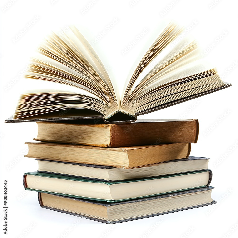 Open Book on Top of Stack with Space for Text on White Background. High-Resolution Clip Art Style for Educational and Business Concepts. Open Book on Top of Stack with Space for Text on White Background. High-Resolution Clip Art Style for Educational and Business Concepts.
