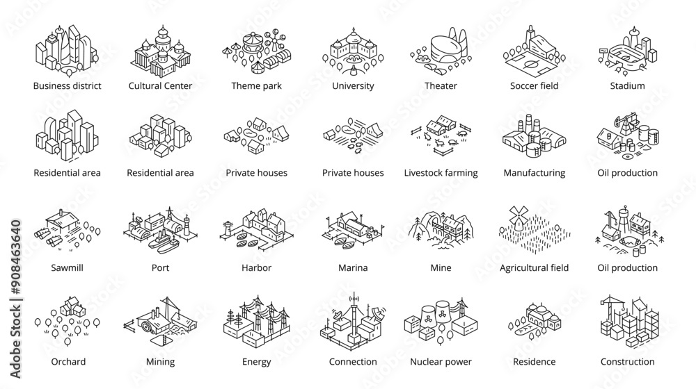 set of icons with isometric city districts. line style. Vector editable outline stroke. set of icons with isometric city districts. line style. Vector editable outline stroke.