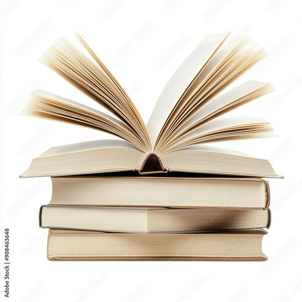 Open Book on Top of Stack with Space for Text on White Background. High-Resolution Clip Art Style for Educational and Business Concepts. Open Book on Top of Stack with Space for Text on White Background. High-Resolution Clip Art Style for Educational and Business Concepts.