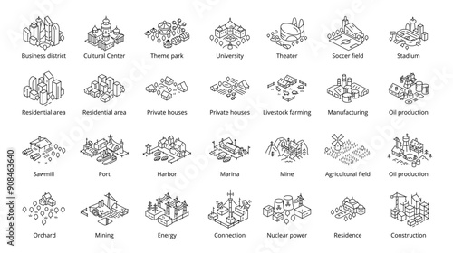 set of icons with isometric city districts. line style. Vector editable outline stroke.