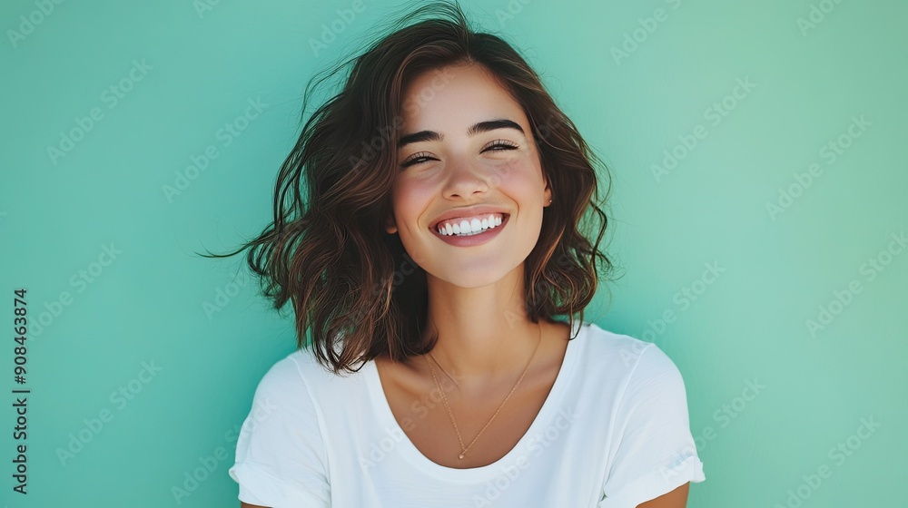 Happy woman in white casual attire, posed against an aqua blue-green background, capturing a warm and friendly smile Happy woman in white casual attire, posed against an aqua blue-green background, capturing a warm and friendly smile