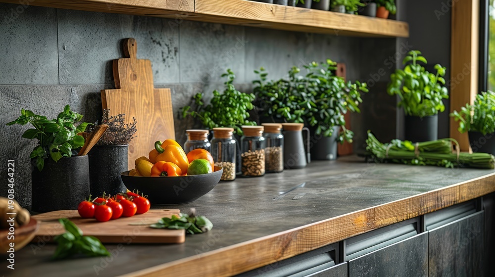 A modern kitchen island with a clean, uncluttered surface, featuring fresh produce and minimalist cookware. A modern kitchen island with a clean, uncluttered surface, featuring fresh produce and minimalist cookware.