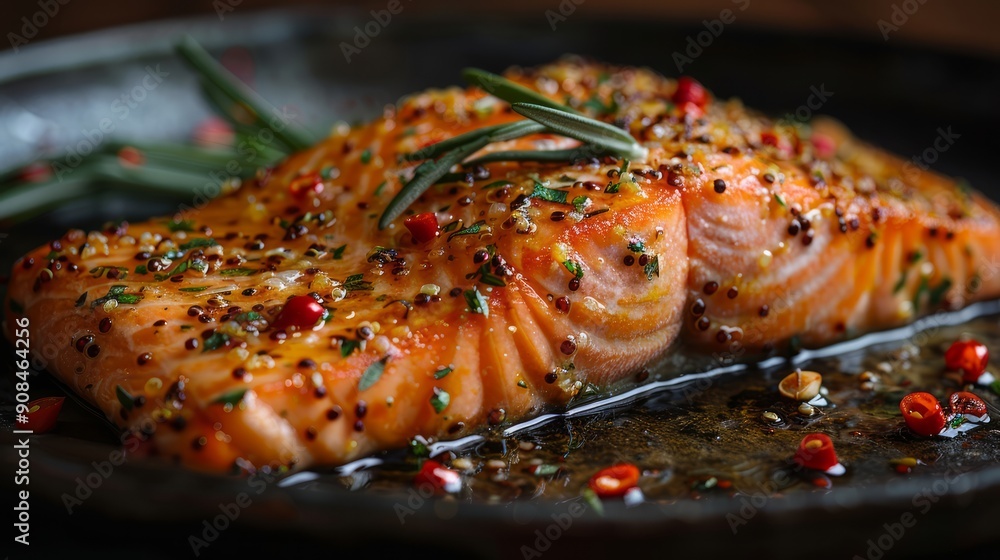 A perfectly seared piece of salmon on a bed of quinoa and vegetables, garnished simply yet elegantly. A perfectly seared piece of salmon on a bed of quinoa and vegetables, garnished simply yet elegantly.