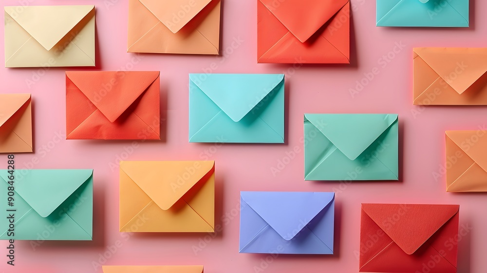 A Kaleidoscope of Communication: Pastel-hued envelopes on a pink background form a captivating pattern, evoking feelings of connection, anticipation, and the joy of correspondence. A Kaleidoscope of Communication: Pastel-hued envelopes on a pink background form a captivating pattern, evoking feelings of connection, anticipation, and the joy of correspondence.