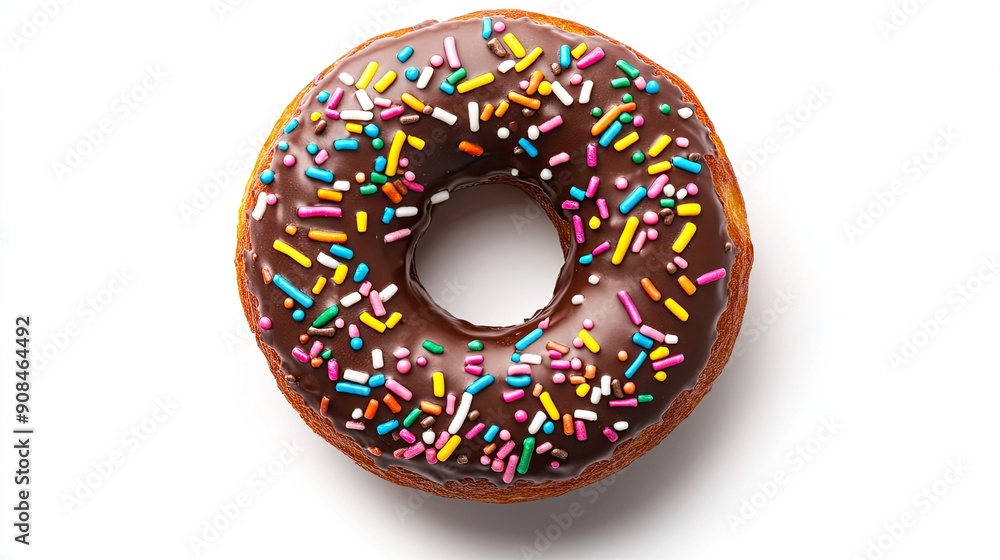 Top view of a chocolate donut with bright and colorful sprinkles, isolated on a white background, capturing its sweet and decorative appeal
