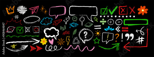 Hand drawn crayon texture design elements. Chalk pencil sketch set of arrows, speech bubbles, underline, hash tag, punctuation marks. Abstract scribble pencil drawn elements. Vector charcoal elements.