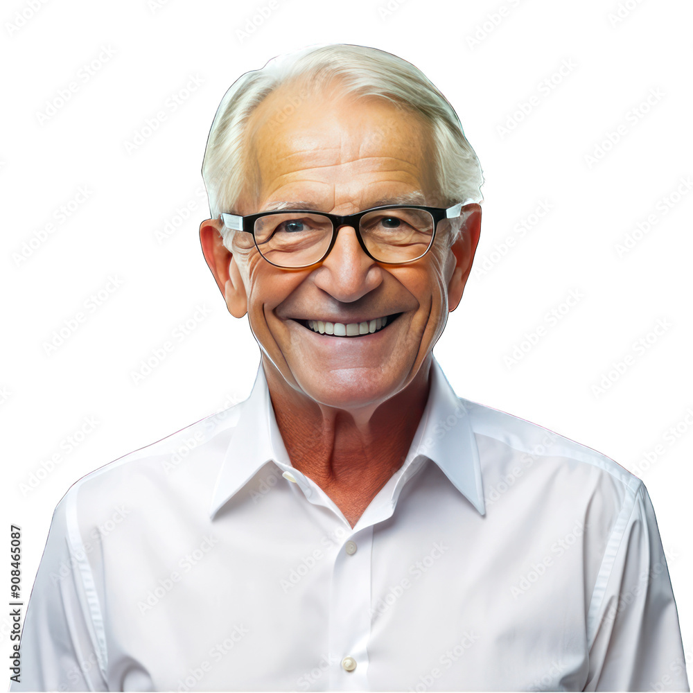 Smiling senior man wearing white shirt and eye glasses portrait on transparent Smiling senior man wearing white shirt and eye glasses portrait on transparent