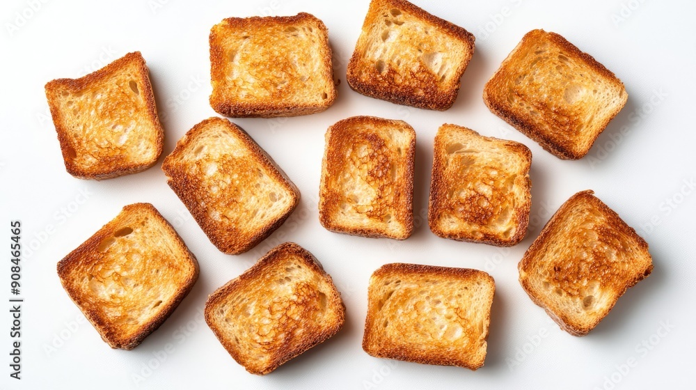 Top view of several pieces of fresh toast bread, isolated on a white background, showcasing their crispy texture and appetizing look Top view of several pieces of fresh toast bread, isolated on a white background, showcasing their crispy texture and appetizing look