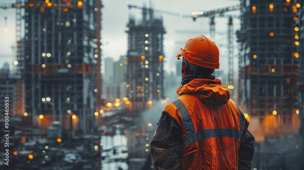 A construction worker in safety gear gazes at a busy construction site during twilight, showcasing the hustle of urban development. A construction worker in safety gear gazes at a busy construction site during twilight, showcasing the hustle of urban development.