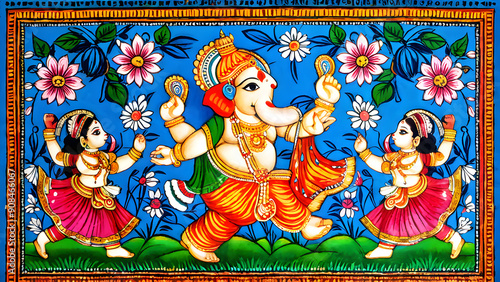 A happy picture of Lord Ganesha dancing, with flowers, paisleys, and geometric shapes typical of Indian Madhubani art