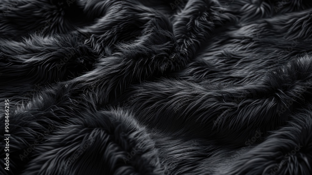 Close-up of black faux fur showing a soft, fluffy texture. The concept of fabric and textile texture. Close-up of black faux fur showing a soft, fluffy texture. The concept of fabric and textile texture.