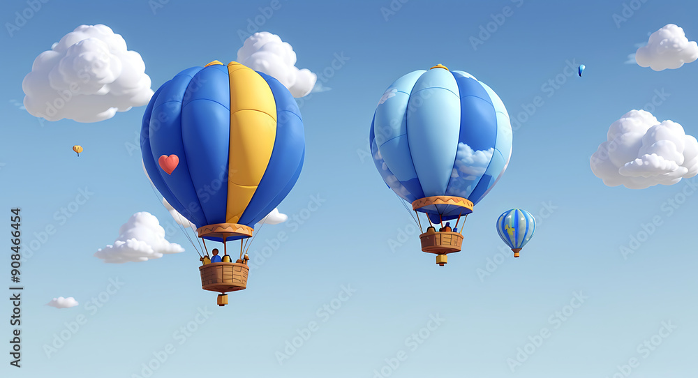 Fototapeta premium A 3D Cute Hot Air Balloon and a 3D Cloud Model on a Sky Blue Background with Copy Space, Clay Style 3D Illustration Model Style