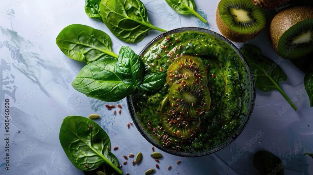 Obraz premium Fresh green smoothie with spinach, kiwi, and seeds, perfect for a healthy lifestyle and nutritious diet.