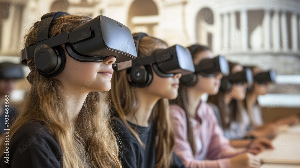 Students using VR headsets to explore a virtual ancient city, guided by ...