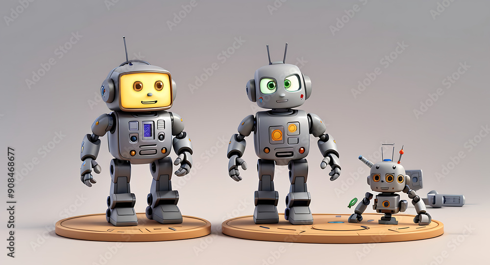 Naklejka premium A 3D Friendly Robot and a 3D Circuit Board Model on a Light Gray Background with Copy Space, Clay Style 3D Illustration Model Style