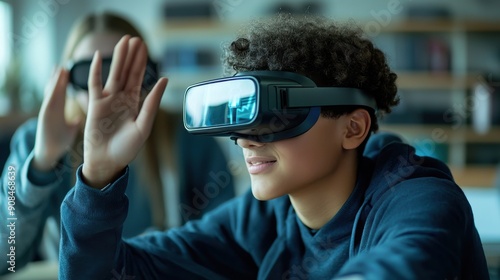 A student wearing VR glasses, fully immersed in a virtual lesson, with a teacher observing and providing guidance, in a high-tech classroom that demonstrates the innovative use of virtual reality in