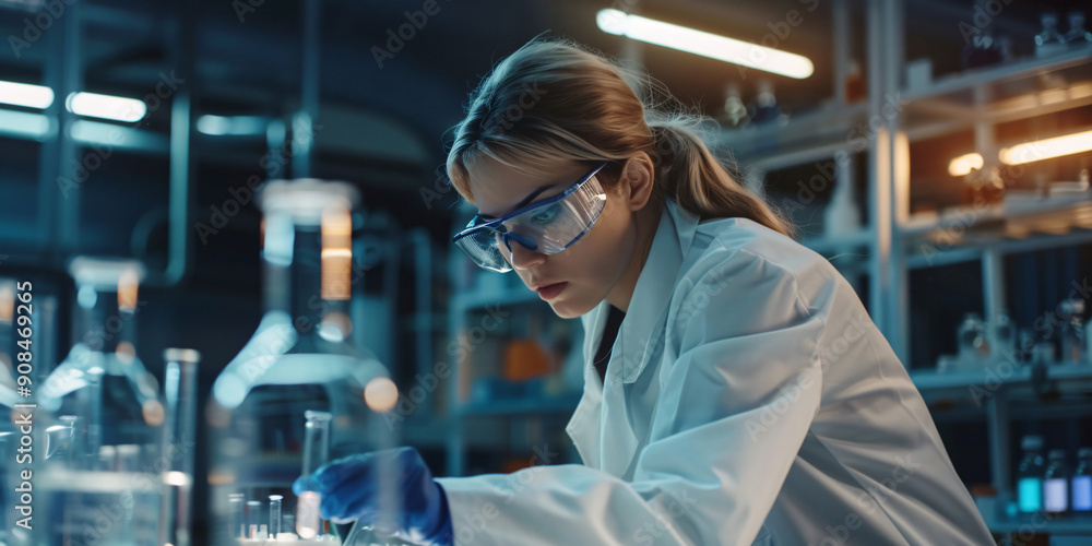 A female scientist in a lab coat and safety goggles, working in a laboratory. She is looking closely at the chemicals, tubes, and flasks on the table.. caucasian woman A female scientist in a lab coat and safety goggles, working in a laboratory. She is looking closely at the chemicals, tubes, and flasks on the table.. caucasian woman