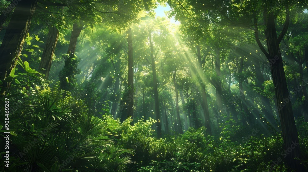 Obraz premium A lush forest background with towering trees, dense underbrush, and rays of sunlight filtering through the canopy, capturing the serene and mystical atmosphere of a woodland setting, perfect for
