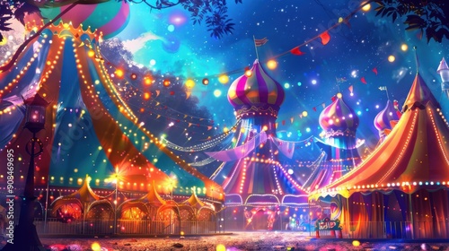 A vibrant circus background with colorful tents, bright lights, and festive decorations, capturing the whimsical and lively atmosphere of a circus, perfect for themed events, entertainment