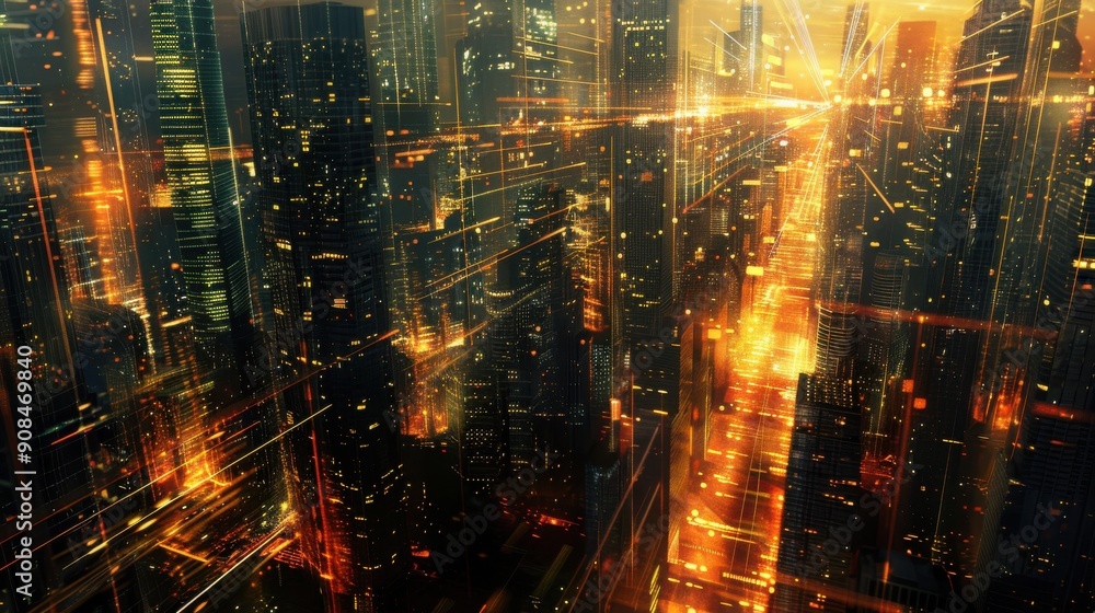 Fototapeta premium A dynamic cityscape background with a skyline of towering skyscrapers, bustling streets, and glowing lights, capturing the energy and vibrancy of urban life, perfect for business, travel, and
