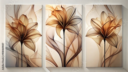 Set of three vertical poster, abstract smokey  lily floral shape art panels
