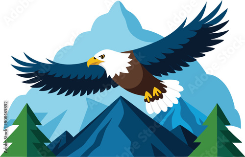 A powerful eagle glides gracefully above towering mountains and vibrant green trees in a serene landscape.