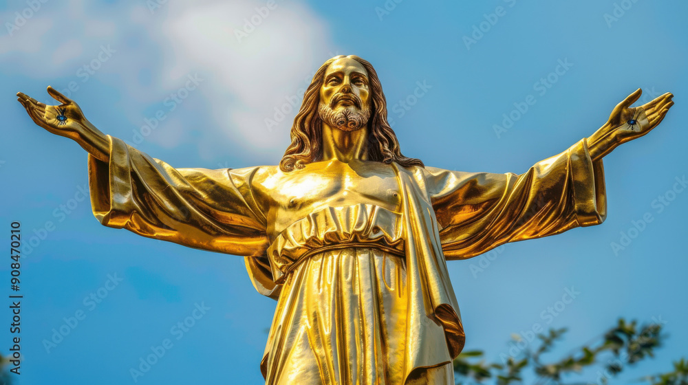 Obraz premium A photograph of Jesus Christ, golden statue, arms raised as if in blessing, captured from a distance showing the full statue and its surroundings, set against a pure blue sky