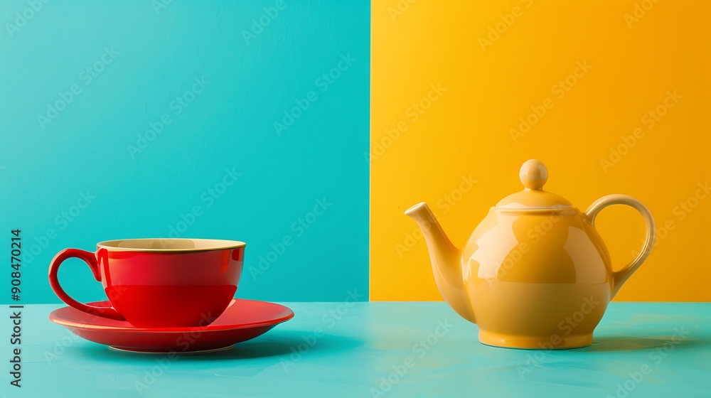 A red tea cup and a yellow teapot served for breakfast isolated on colorful background A red tea cup and a yellow teapot served for breakfast isolated on colorful background
