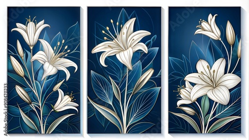 Set of three vertical poster, abstract one  simple line lily floral art panels gold frame