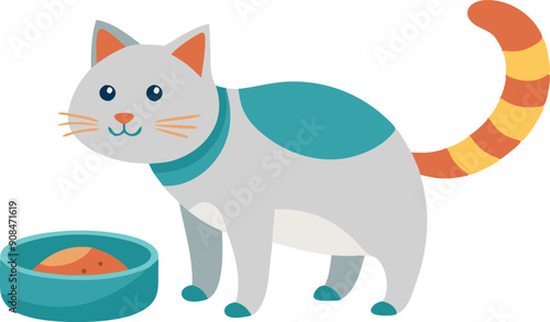 A happy gray cat stands beside its food bowl, excited for mealtime in a warm indoor atmosphere.