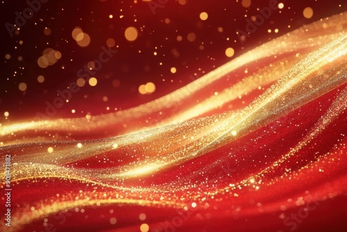 Luxury red color background with golden line elements and curve light effect decoration and bokeh.