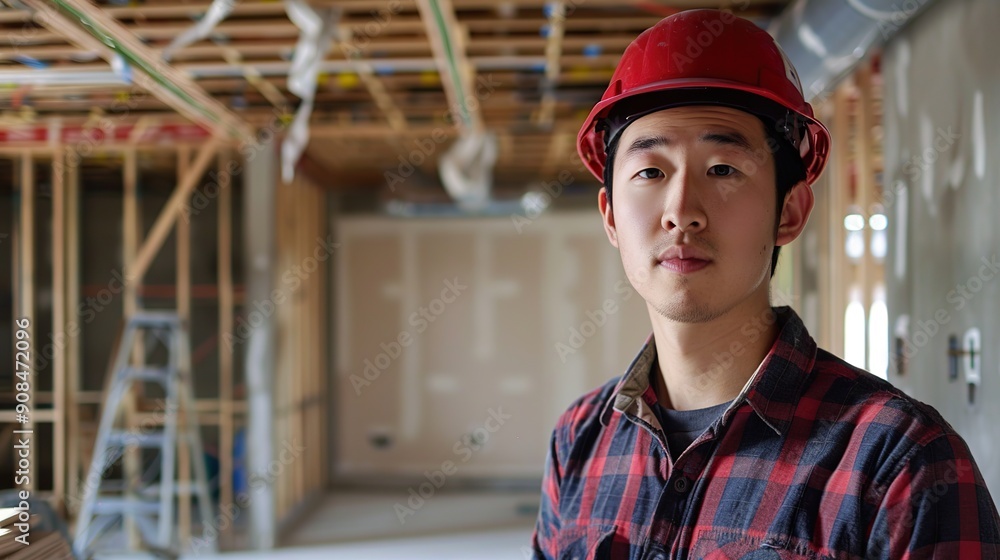 Building inspection, asian contractor young man, male inspecting home, reconstructed construction, renovation or check defect, before finish handing it over to client, customer. Building inspection, asian contractor young man, male inspecting home, reconstructed construction, renovation or check defect, before finish handing it over to client, customer.