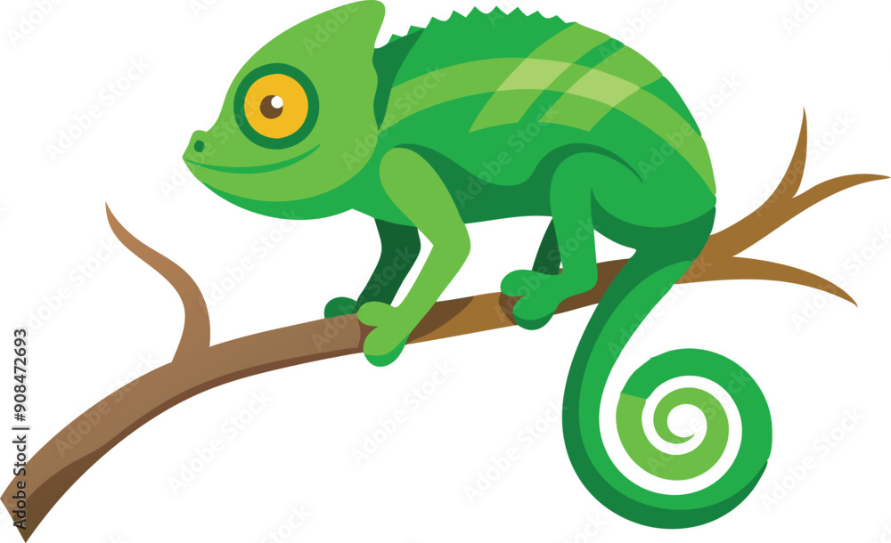 Obraz premium A vibrant green chameleon rests on a branch, blending into its tropical surroundings while basking in sunlight.