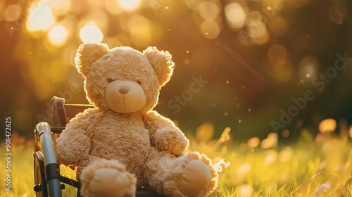 a teddy bear is very cute sitting on push chair at sunny day
