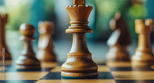 Wooden Chess Pieces on the Board Focusing on the Queen