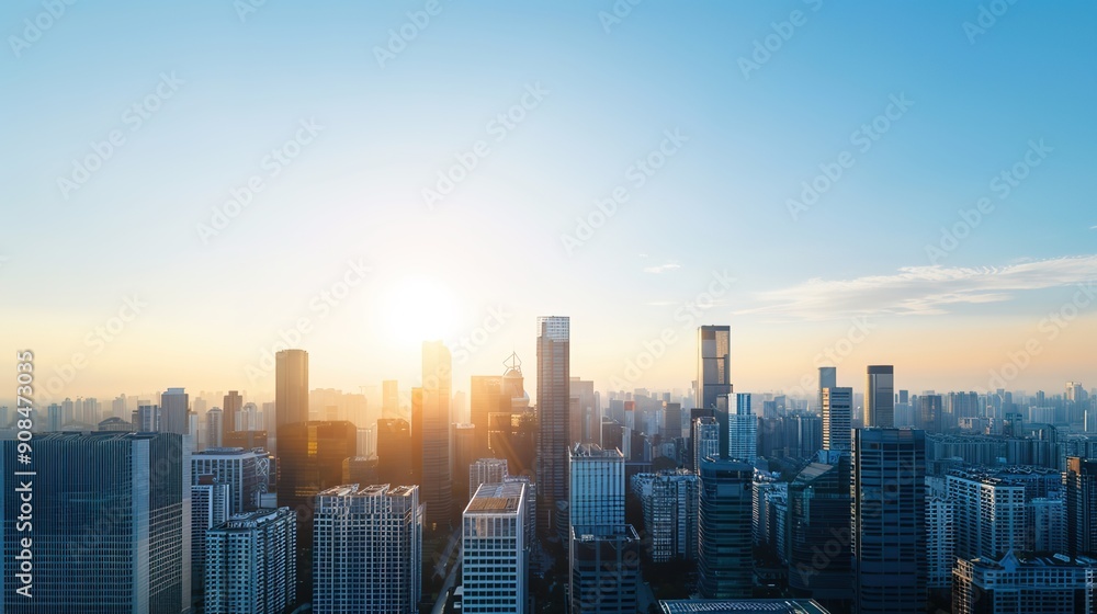 Fototapeta premium Dynamic Urban Landscape: Prosperous City with Modern Architecture and Bustling Businesses