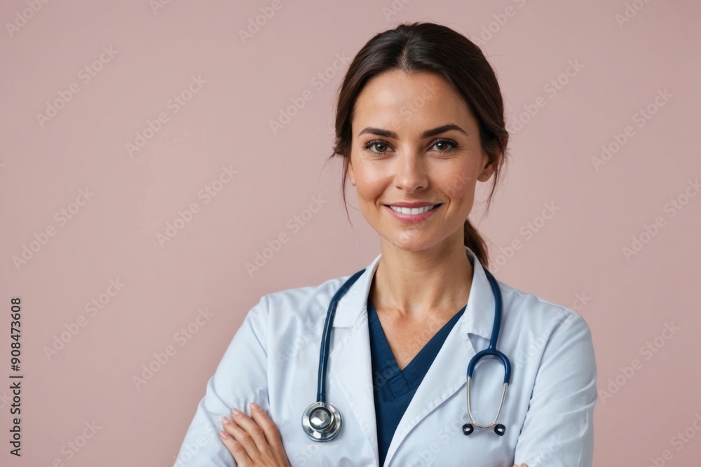 Waist up portrait of beautiful female doctor smiling at camera while standing with arms crossed against pale pink background, copy space Waist up portrait of beautiful female doctor smiling at camera while standing with arms crossed against pale pink background, copy space
