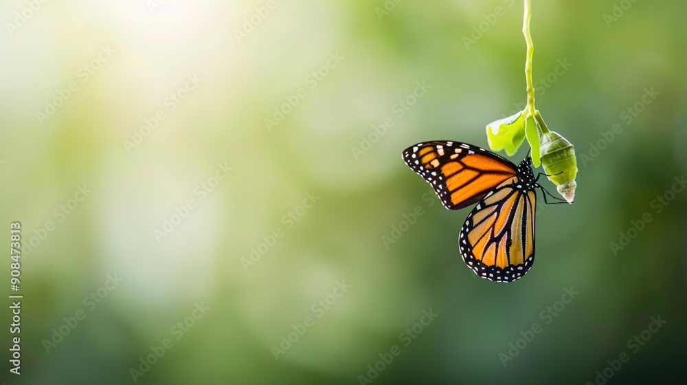 Fototapeta premium Metamorphosis in Action: A Butterfly Emerging from its Chrysalis, Symbolizing Transformation and New Beginnings