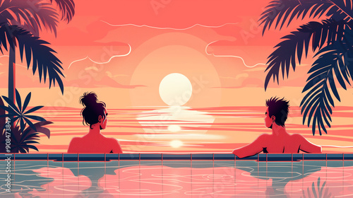 there are two people sitting in a pool watching the sun set photo