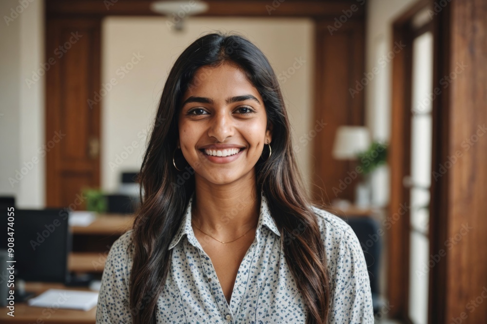 © ThomasLENNE - Cheerful beautiful indian girl student professional standing at home in office looking at camera, happy confident entrepreneur hindu lady laughing face posing alone, head shot close up view portrait