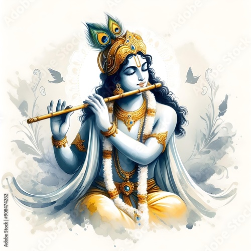 Watercolor Painting Effect of Lord Shri Krishna playing flute for Janmashtami