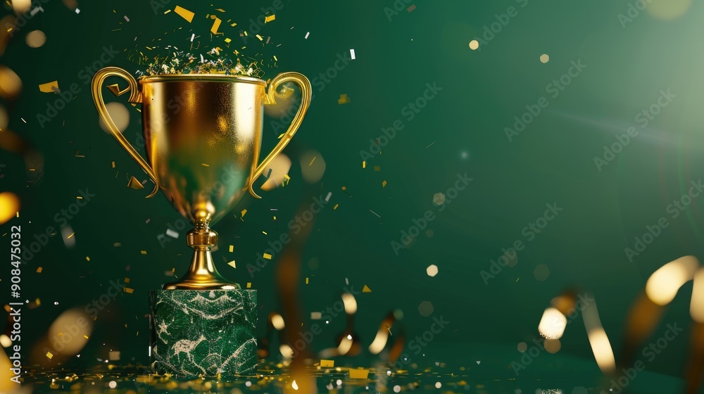 A golden trophy surrounded by falling confetti on a green background highlights the concept of a celebration or achievement. A golden trophy surrounded by falling confetti on a green background highlights the concept of a celebration or achievement.