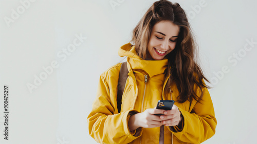 Chica Feliz Usando su Teléfono en Fondo Blanco photo