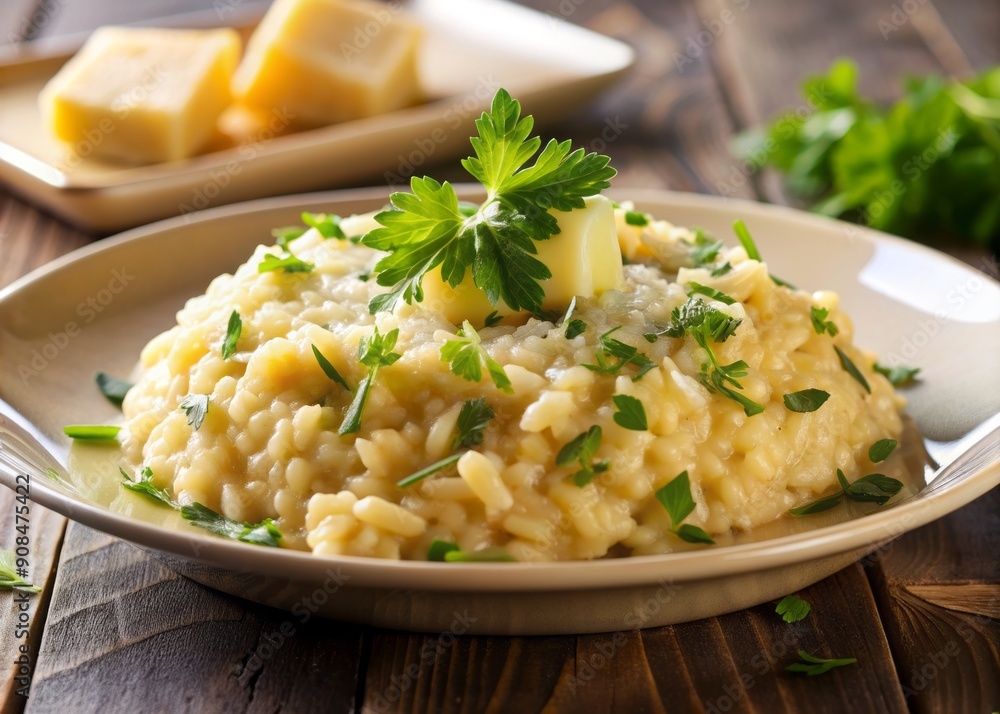 Elegant, golden-hued risotto, adorned with fresh parsley and parmesan shavings, showcases the skilled craftsmanship and attention to detail in traditional Italian fine dining. Elegant, golden-hued risotto, adorned with fresh parsley and parmesan shavings, showcases the skilled craftsmanship and attention to detail in traditional Italian fine dining.