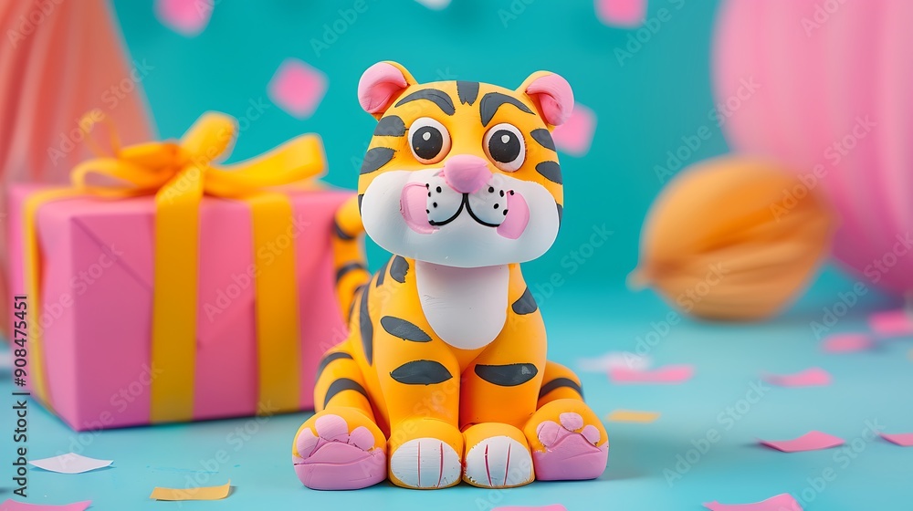 Naklejka premium A toy tiger figurine made of plasticine with a gift box isolated on colorful background