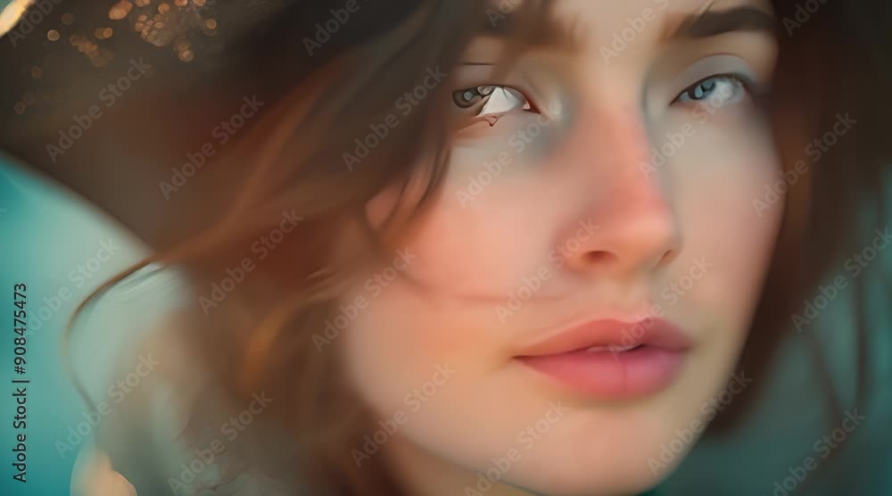 A woman with green eyes and a hat is staring at the camera. A woman with green eyes and a hat is staring at the camera.