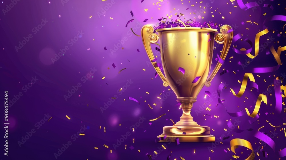 A golden trophy surrounded by falling confetti on a purple background highlights the concept of a celebration or achievement. A golden trophy surrounded by falling confetti on a purple background highlights the concept of a celebration or achievement.