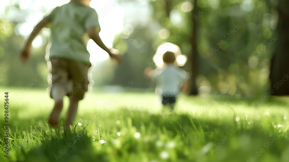 Fototapeta premium Blissful Childhood Moments: Kids Running and Laughing in Green Park on Sunny Day